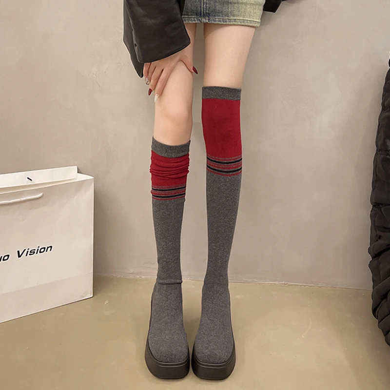 Aphixta Soft Fabric Women Knee Boots 8cm Square Heel Women Black Shoes Fashion Round Toe Modern Boots for Women Size 42