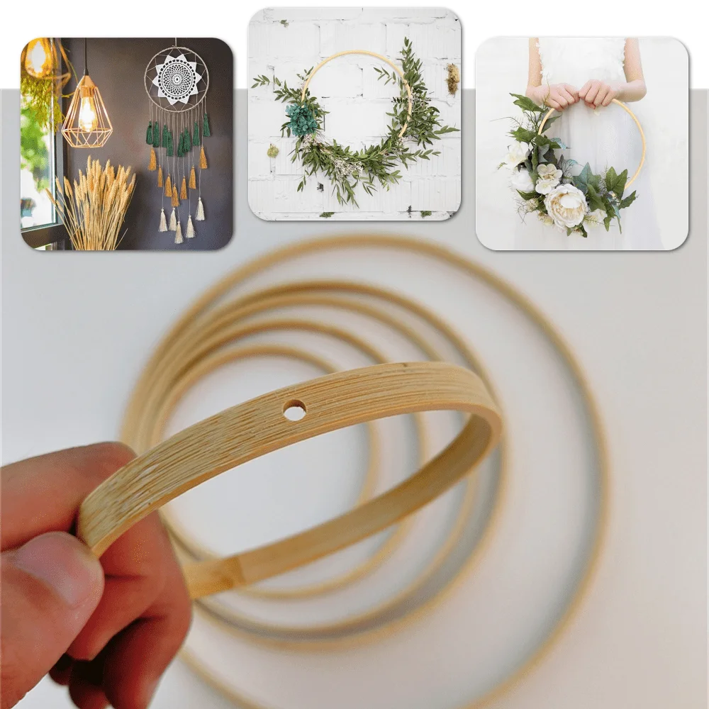 6PCS Bamboo Ring Hoop Natural Bamboo Circle Single Hole Floral Wreath Handmade Decorative Wedding Birthday Party Home Decoration