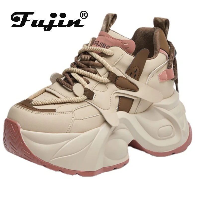 

Fujin 8cm Genuine Leather Platform Wedge Fashion Women Spring Autumn Chunky Sneakers Plush Winter Plush Shoes Breathable Comfy