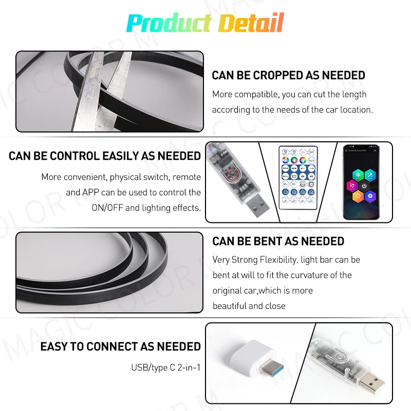 Vgetting Universal Car Ambient Lights LED Interior RGB Symphony Atmosphere Lamp USB APP Control Remote for Tesla Model 3 Y S X — view 2