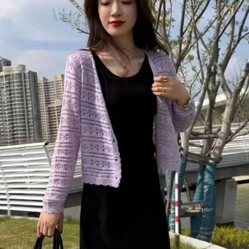 Ice Silk sun protection knit cardigan female summer fatmmplus sizevcollar Black thin hollow shawl outer match short coat