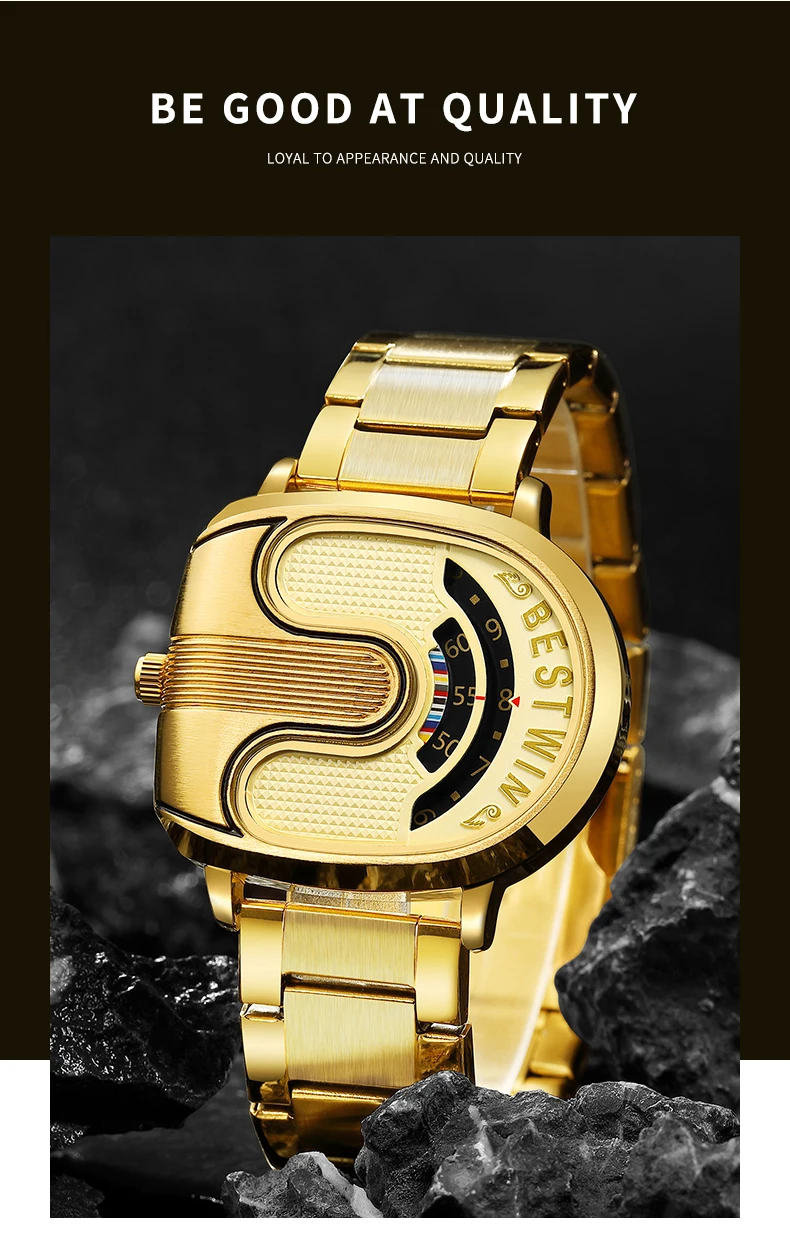 Creative Large Dial Personality Watches for Men BESTWIN Gold U-Shape Fashion Mens Watch Trend Reloj Hombre Lujo Alta Gama 2024