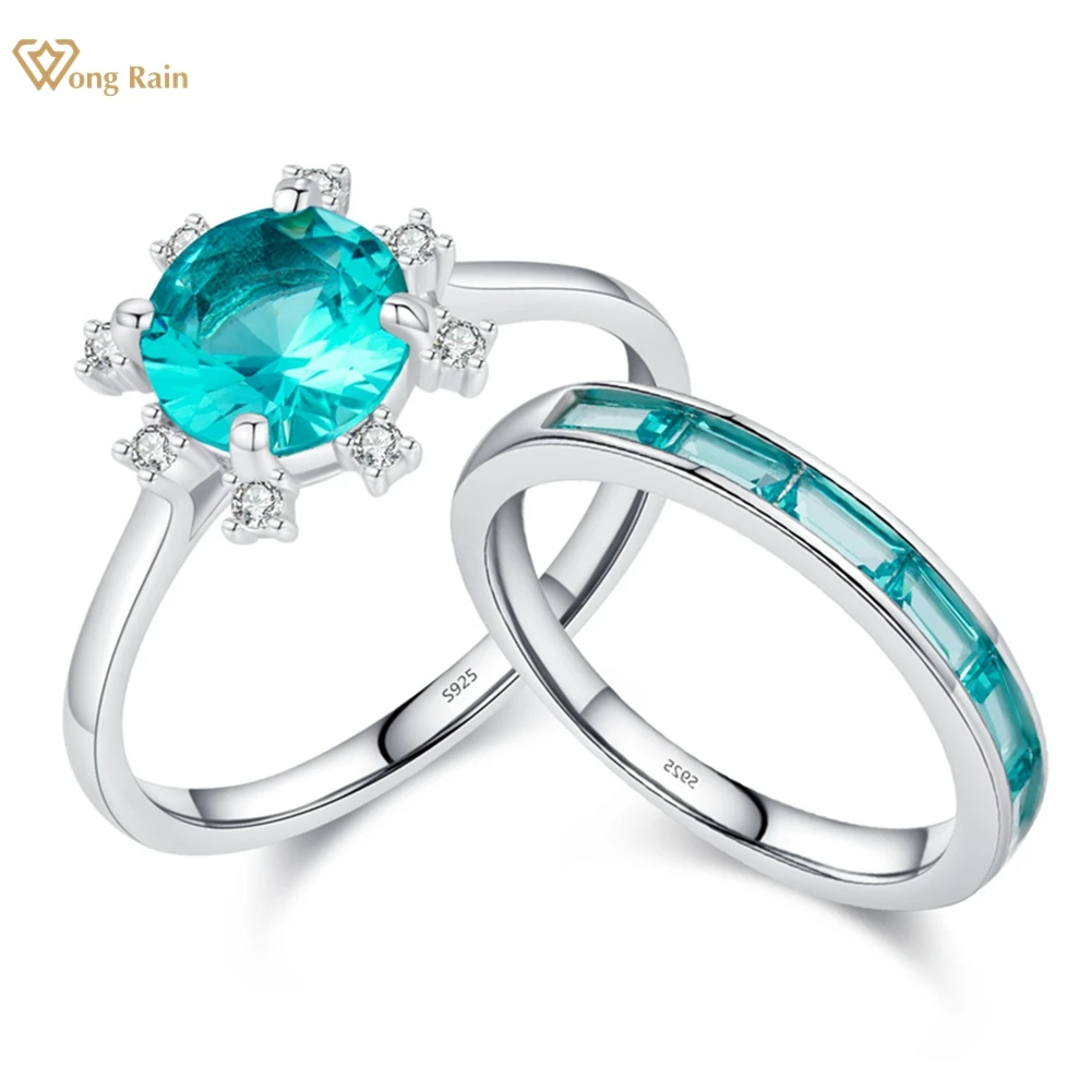 

Wong Rain Vintage 100% 925 Sterling Silver 7 MM Round Cut Paraiba Tourmaline Gemstone Wedding Party Fine Jewelry Women Ring Set