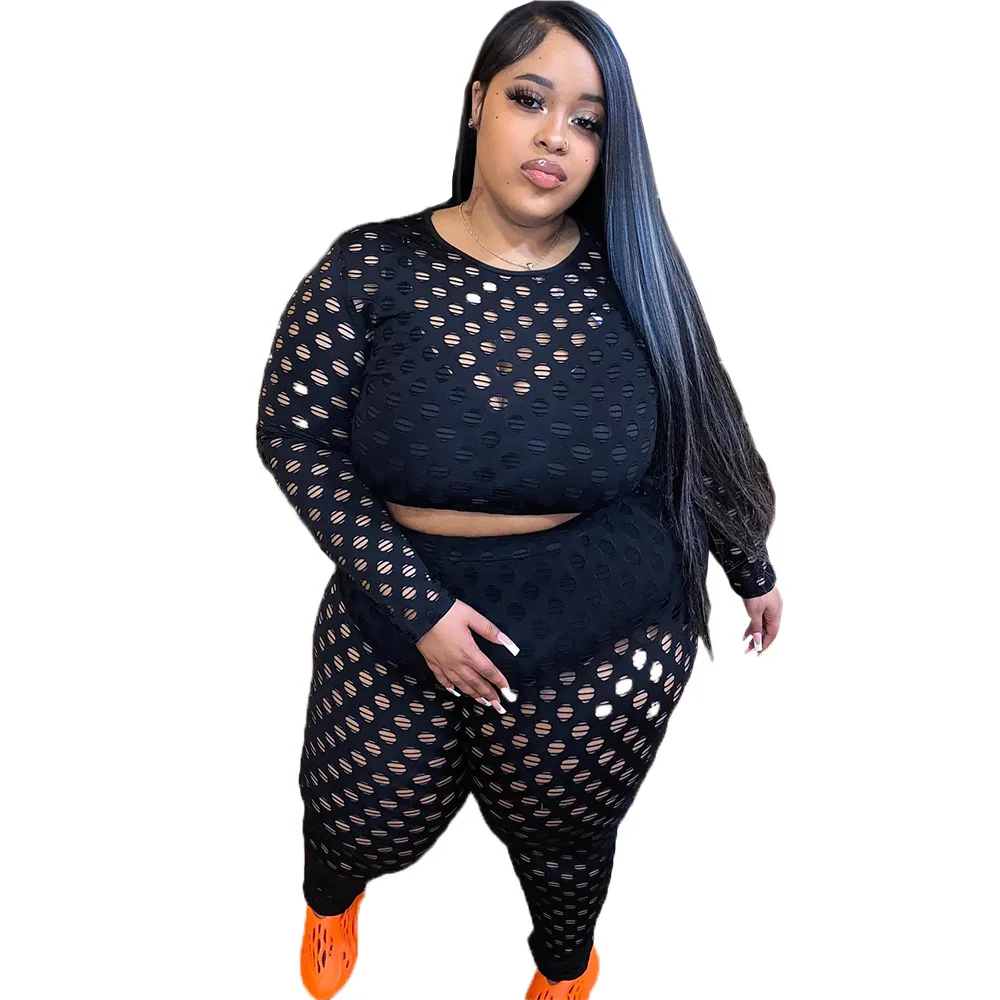 Plus Size Matching Sets Hole See Through Tops Shirts And Pants Female Luxury Fashion Cloth 2023 Summer Women Two Piece Sets