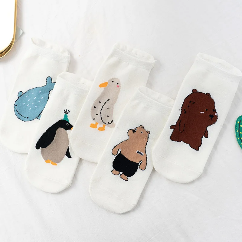 

1pair of casual solid color breathable animal socks girl spring summer cartoon anime bear whale penguin boat socks