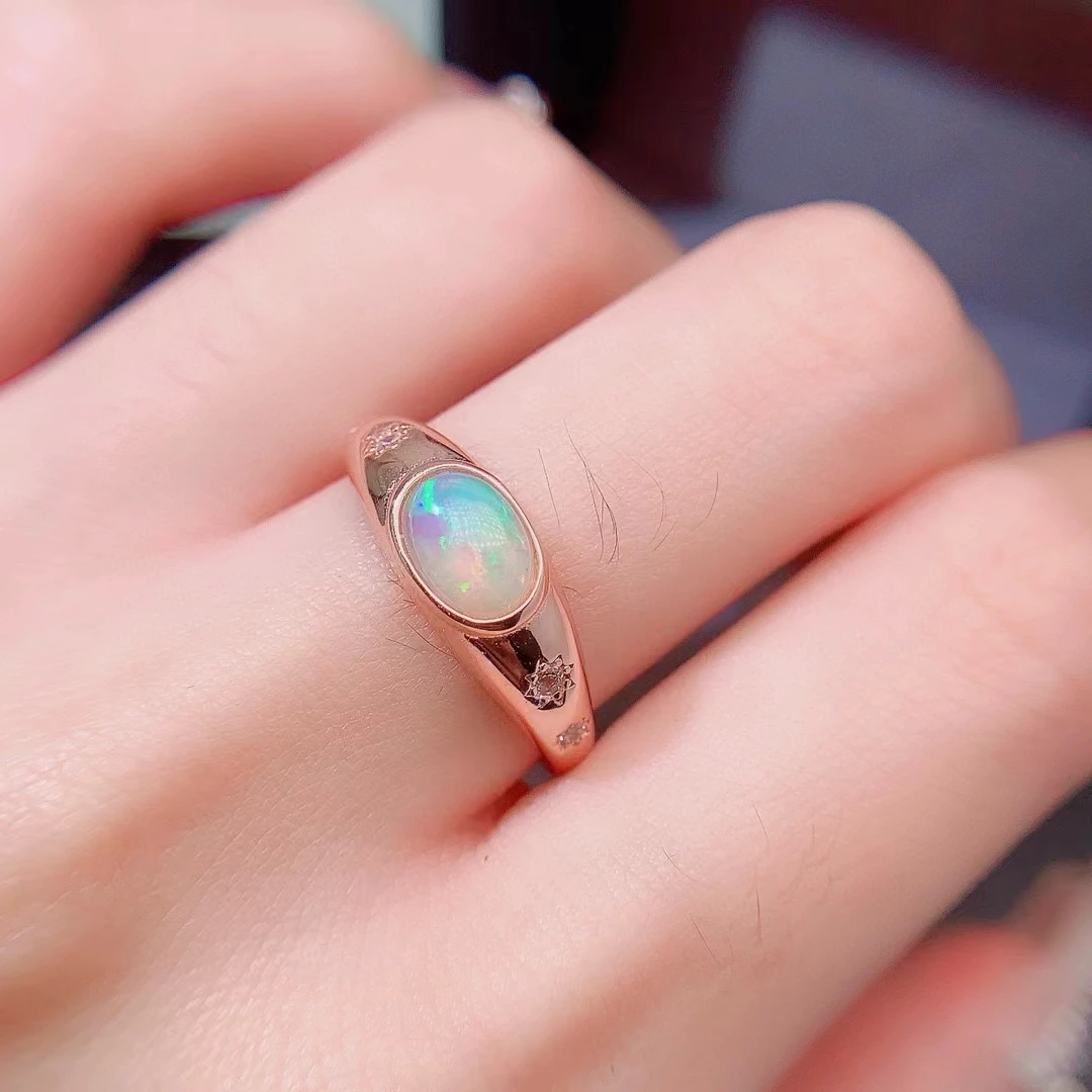 Solid 925 Silver Opal Ring for Daily Wear 5mm*7mm Natural Australia Opal Ring with 3 Layers 18K Gold Plating Keep Shining