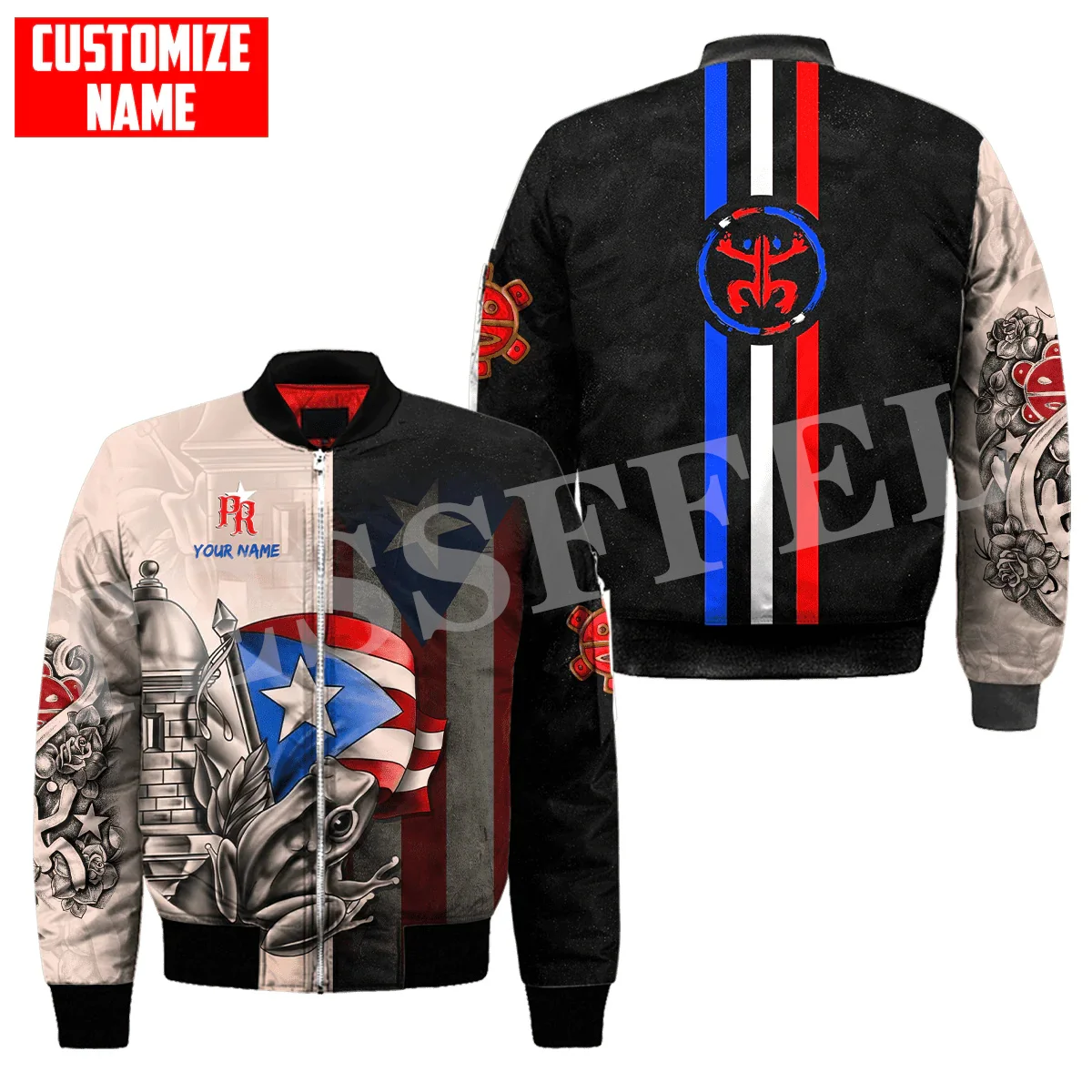 Custom Name Puerto Rico Boricua Country Tattoo Retro Vintage 3DPrint Casual Funny Sportswear Windbreaker Winter Bomber Jacket A1 6