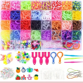 600-1800pcs+ Colorful Loom Bands Set Candy Color Bracelet Making Kit DIY Rubber Band Woven Bracelet Kit Girls Craft Toys Gifts 1