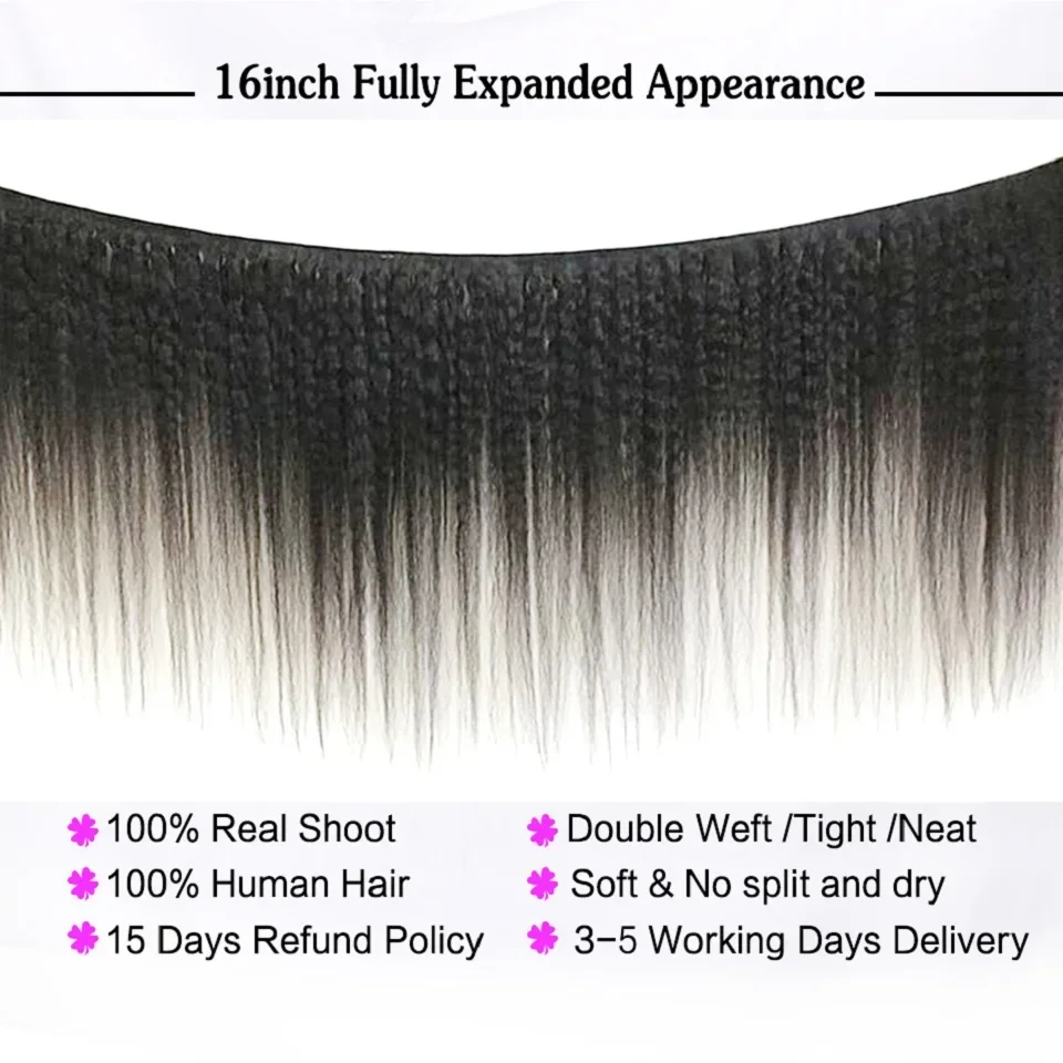 Human Hair Bundles 8-30Inch Brazilian Kinky Straight Hair Weave Bundle 1/3 Bundles Deal 100% Bulk Remy Human Hair Extension Soft Yaki Straight