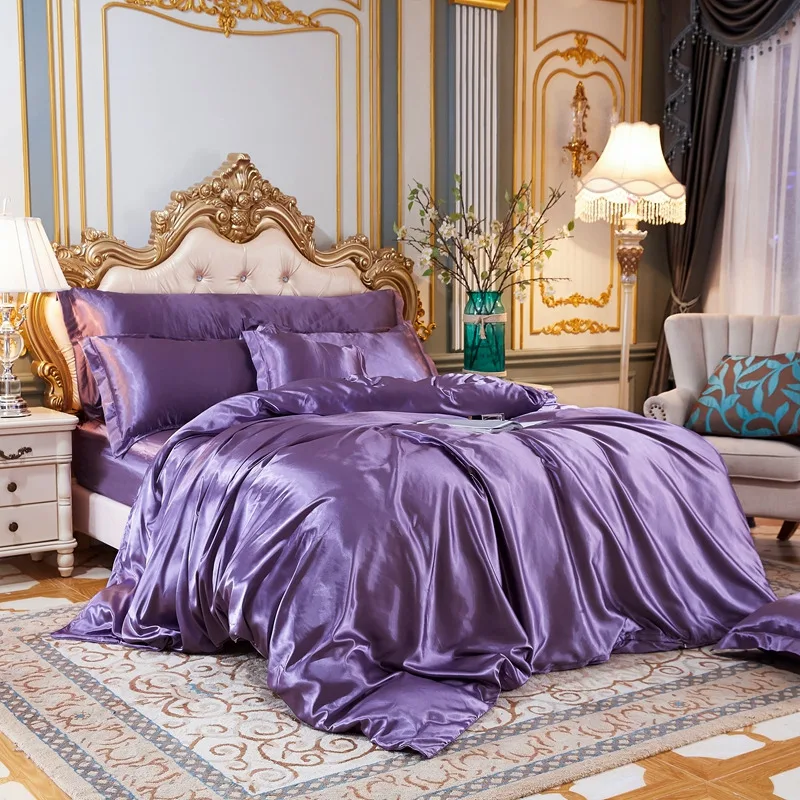Solid Color Bedding Set with Silk Duvet Cover Bed Sheet Pillowcase Luxury Satin Bedsheet King Queen Double Twin Size