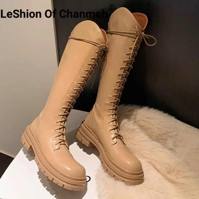 

LeShion Of Chanmeb Cow Split Leather Women Zipper Knee-High Boots Autumn Winter Chunky Heel Western Boots Platform Lace-up Shoes