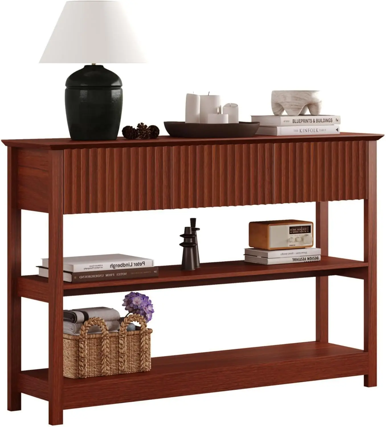 47" Console Tables for Entryway, Fluted Entryway Table with Drawers and Shelves, Narrow Sofa Table Behind Couch Table