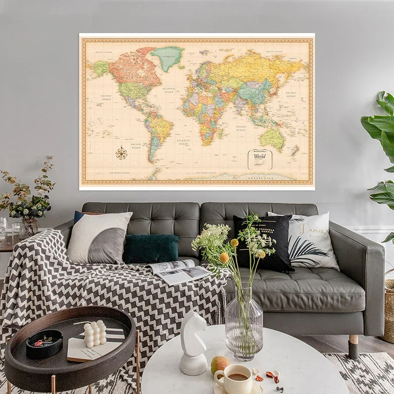 World Map Classic Edition Vinyl Spray Wall Decor Hanging Picture Poster Prints Backdrop for School Home Office Supplies 120x80cm