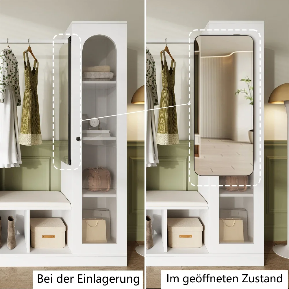 6-in-1-Multifunktions-Kleiderschrank-Set – Friseurtisch, Schuhbank, Klappschrank und Glasvitrine mit LED, praktischer Aufbewahrung zu Hause – Detail 9