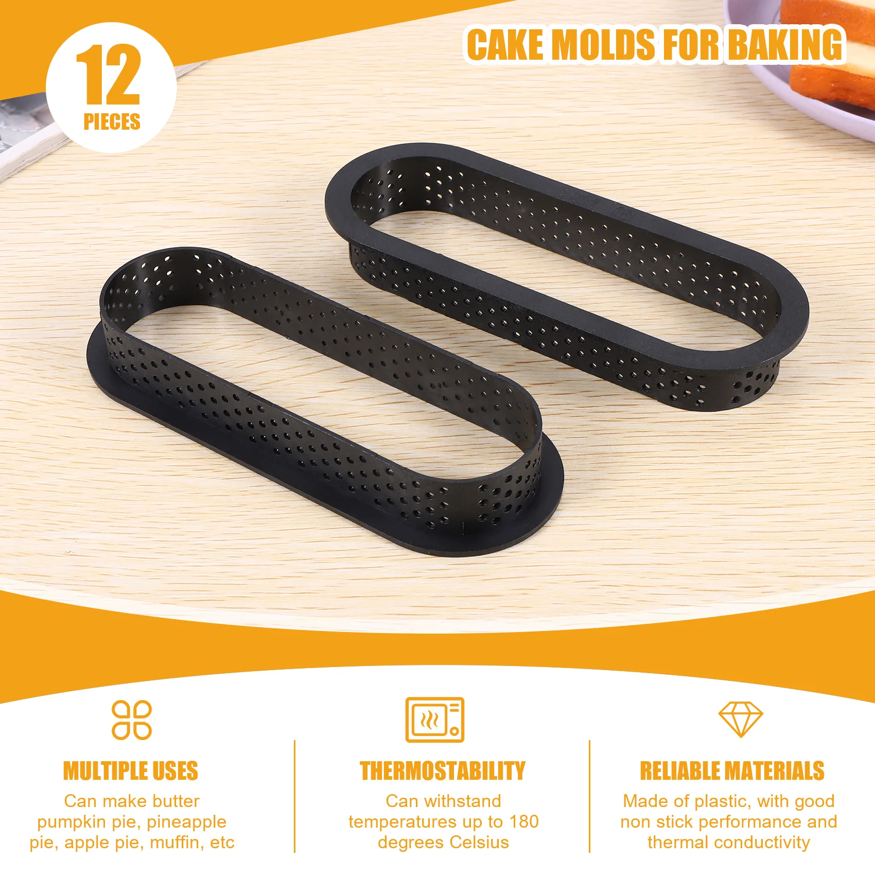 12 Pieces Oval Tart Rings Heat-Resistant Perforated Cake Mousse Ring Non Stick Bakeware Tart Mini Cake Mold Rings