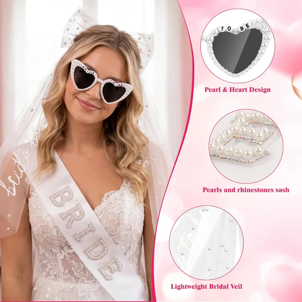 Bride to Be Accessory Set Featurin Veil Sash And Sunglasses Bachelorette Party Accessories  For Bridal Shower Wedding decor - 4