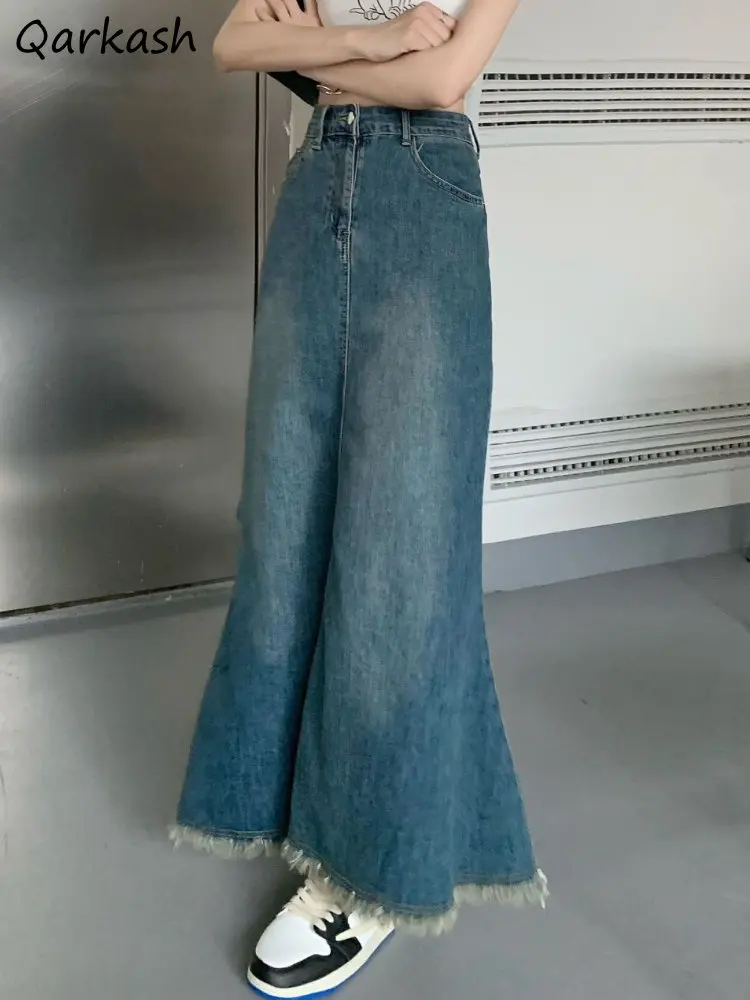 

Denim Skirts Women Ankle Length Ripped Hotsweet High Waist Vintage Trumpet Spring Korean Style Streetwear All-match Fashion New