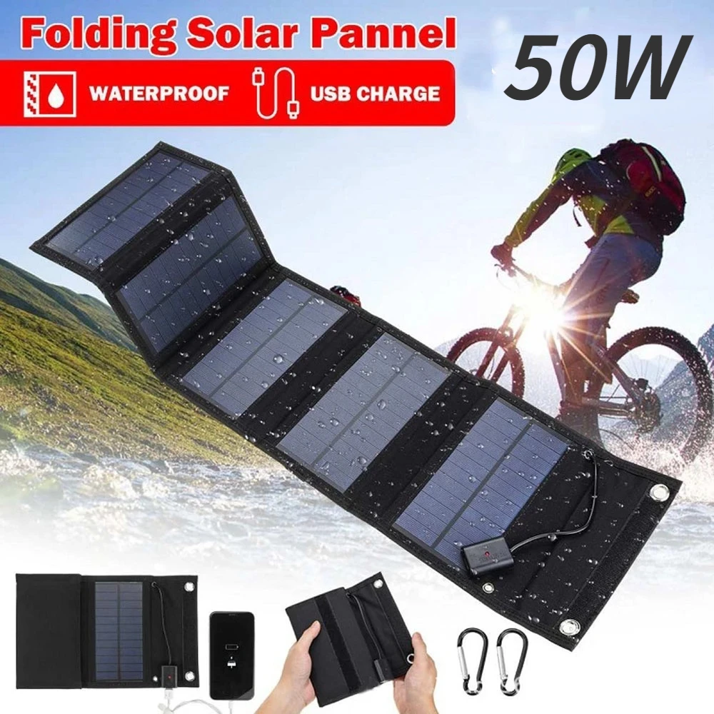 Carregador Dobrável de Células Solares 50w Dispositivos de Saída Usb 5v ao ar Livre Kit de Painéis Solares Impermeáveis Dobrável Portátil para Carregamento do Telefone