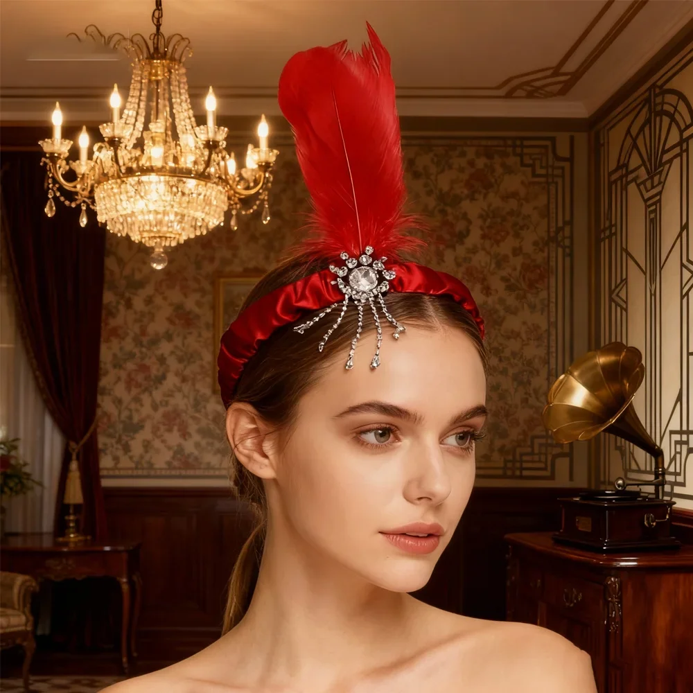 Red Feather Pearl Headband - Retro Party Fashion Accessory