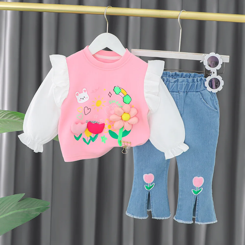

New Girl Lace Sleeve Set Children's Jeans+Long Sleeved Top