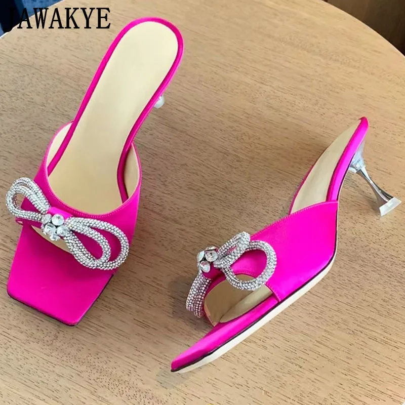 

Summer Ladies Formal Dress Slides Women Outdoor Slipper Shoes Crsytal Bowtie Slippers PVC Transparent Jelly Heel Satin Mules