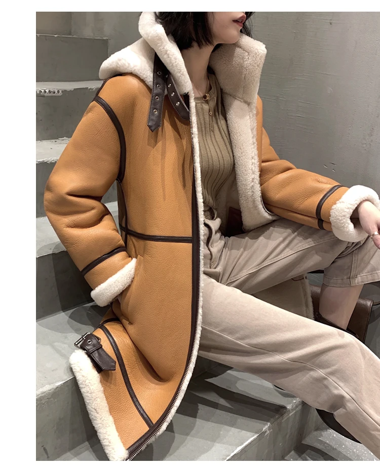 

2023Hot Sale Trend Winter Natural Sheepskin Fur Coat Women Streetwear Hooded Real Fur Jacket Women’s Medium Long Genuine Leathe