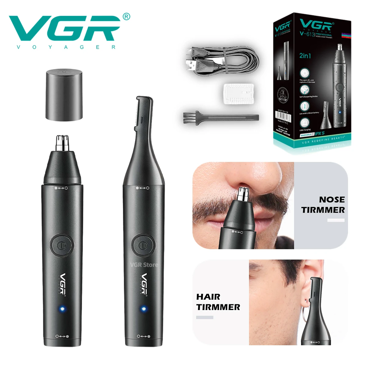 VGR Professional Nose Hair Trimmer Mini Hair Trimmer Electric Nose 2 In 1 Clipper Portable Rechargeable Waterproof V-613 nose hair trimmer