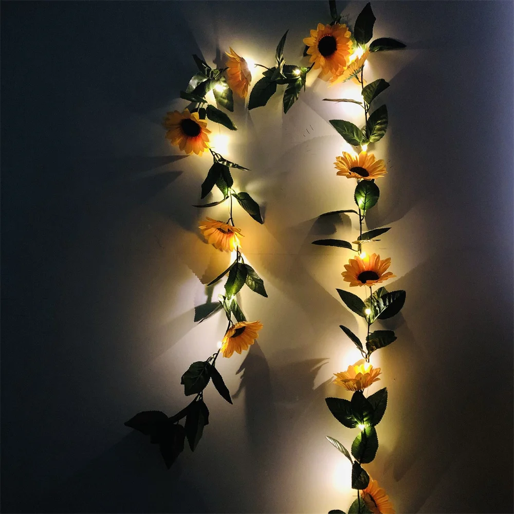 10m 5m 2m solar powered creeper ivy vine string lights artificial plant green leaf led lamp for xmas wedding garden decoration 2M 20LED Artificial Sunflower String Lights Battery Powered Flower Fairy Lights Green Leaf Plants Garland For Wedding Decoration