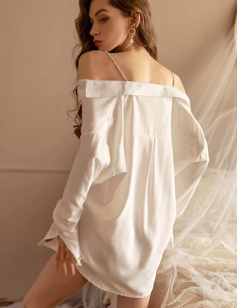 Women White Nightgowns Sleeping Shirt Long Sleeve Loose Nightshirt Beading Spaghetti Straps Button Down Sleepwear Pajamas Tops