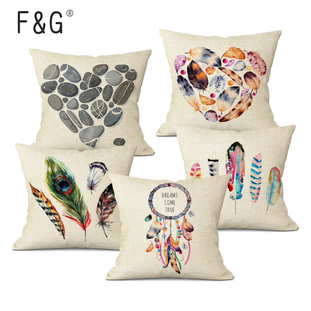 

Home Decorative Pillowcase Watercolor Style Colored Feathers Sofa Cushion Cover Decorative 45x45CM Square Linen Pillow Cover