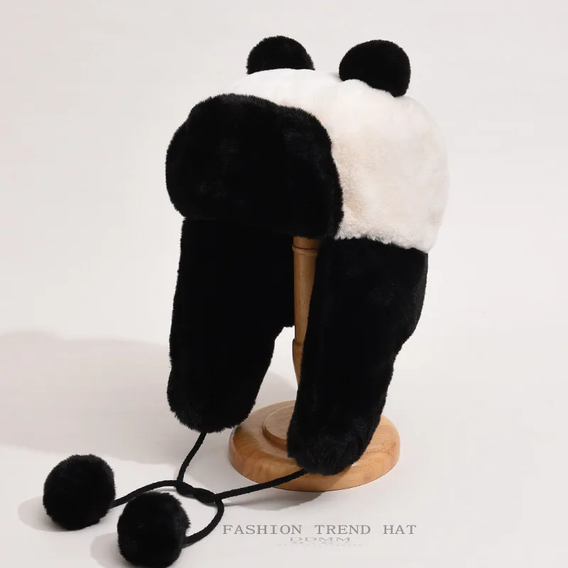 

Gu Ailing Same Panda Ushanka Female Winter Cute Black and White Plush Warm Earflaps Cap Ski Hat Cycling