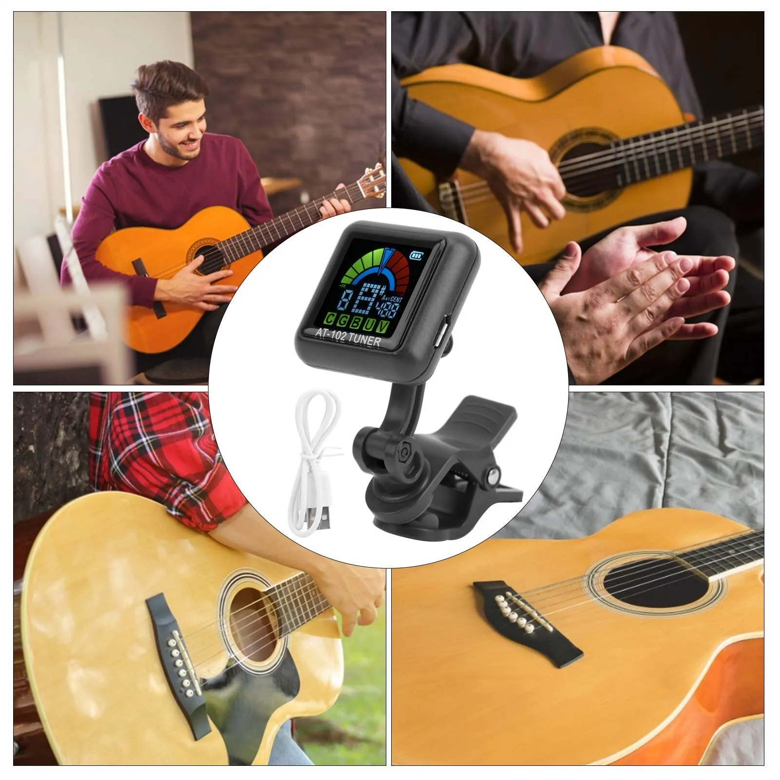 Guitar Tuner Electric Guitar Tuners Aroma AT-102 Guitar Tuner Violin Tuner Guitar Clip-on Tuner USB Rechargeable Built-in Battery Violin Ukulele