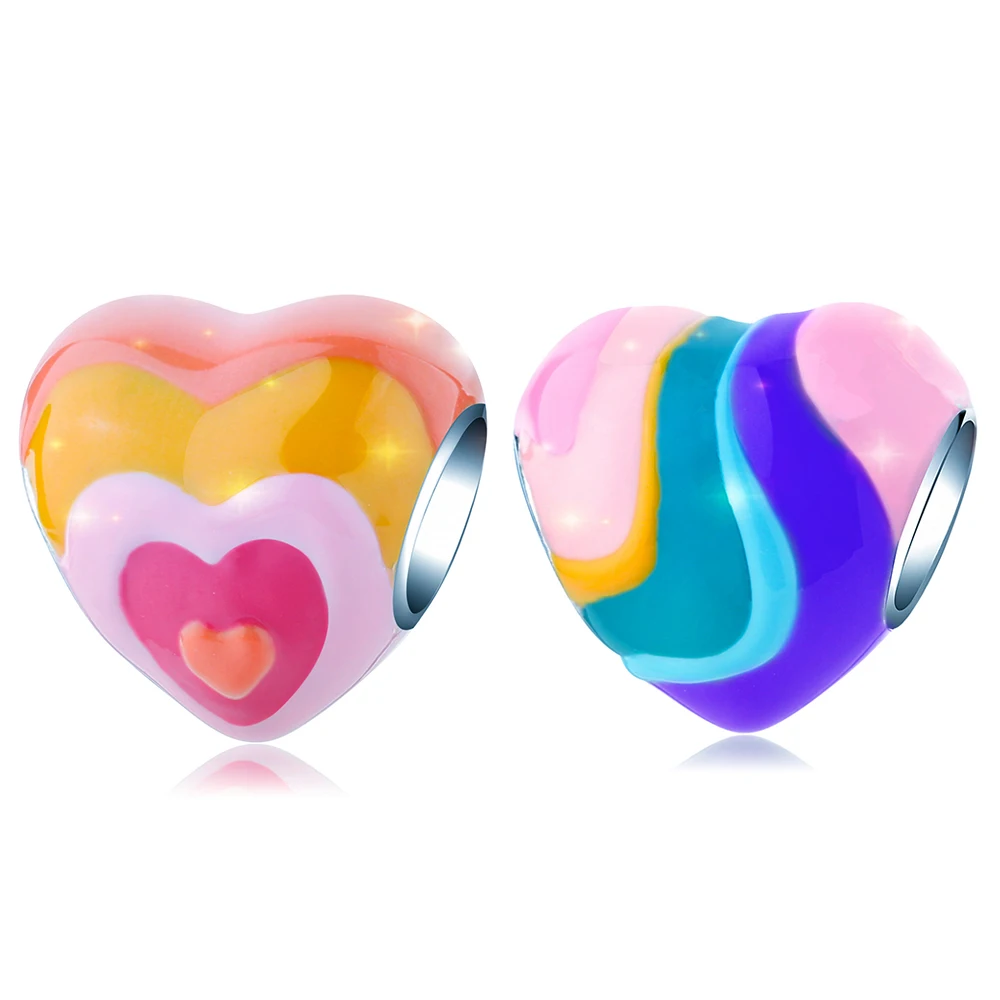 

New 925 Silver colorful hearts Happy Place Charm Bead Fit Pandora Original Bracelets Fashion DIY Woman Charms for Jewelry Making