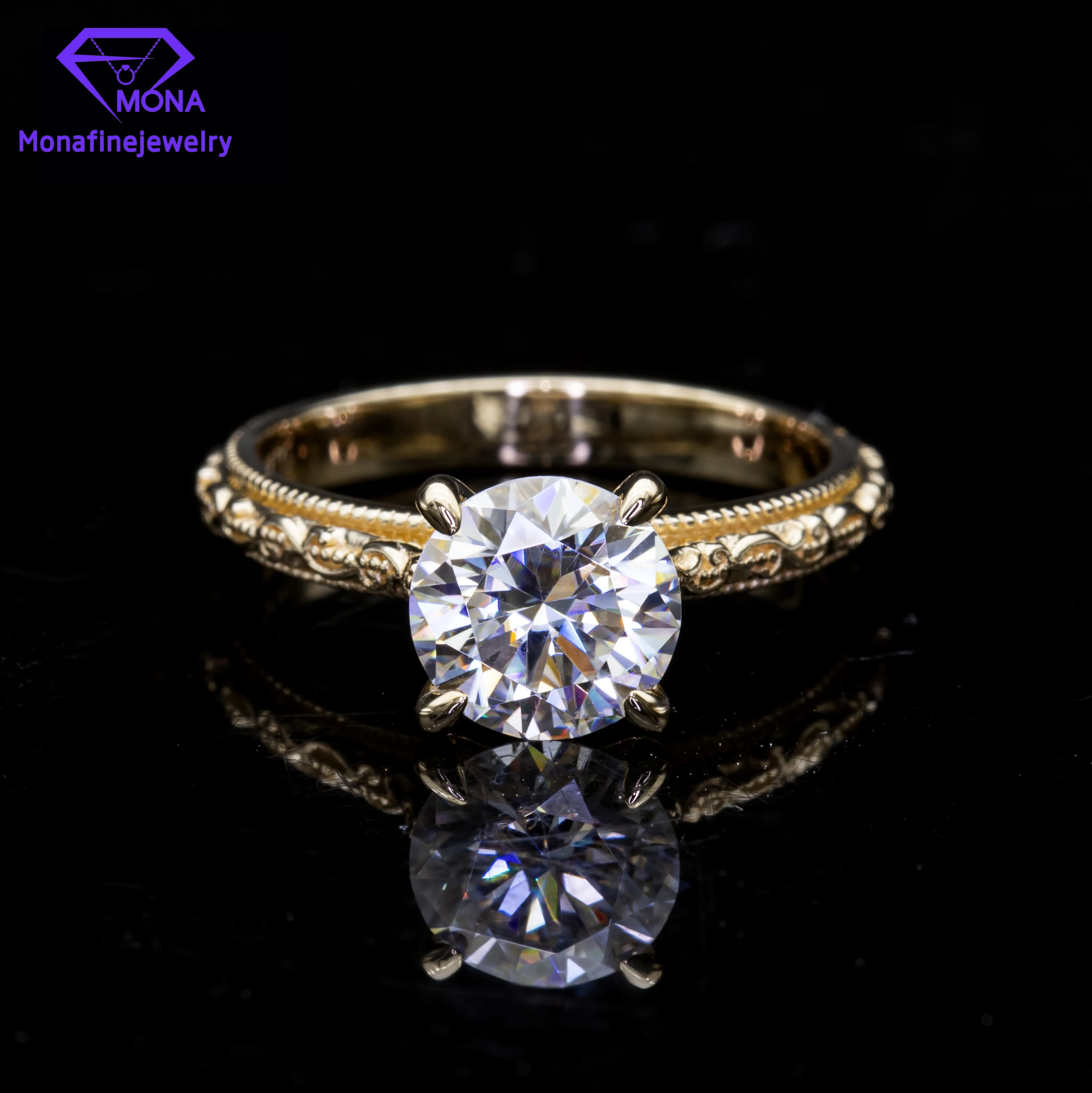 

Folwer Style 14k Yellow Gold 1ct 4 Prongs Setting Round Brilliant Cut 6.5x6.5mm Moissanite Wedding Ring
