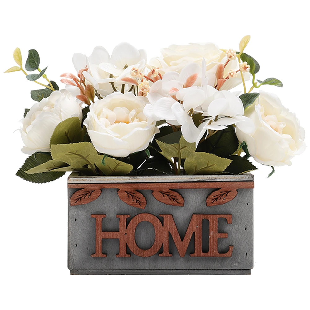 Voltsify 15CM Artificial White Hydrangea Peony Flower Plant with Wooden Pot