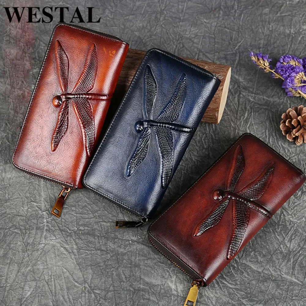 

100% Cowhide Leather Women Wallet and Purses for Phone Vintage Embroidered Wallet Long Women's Wallets for Card Money Bag