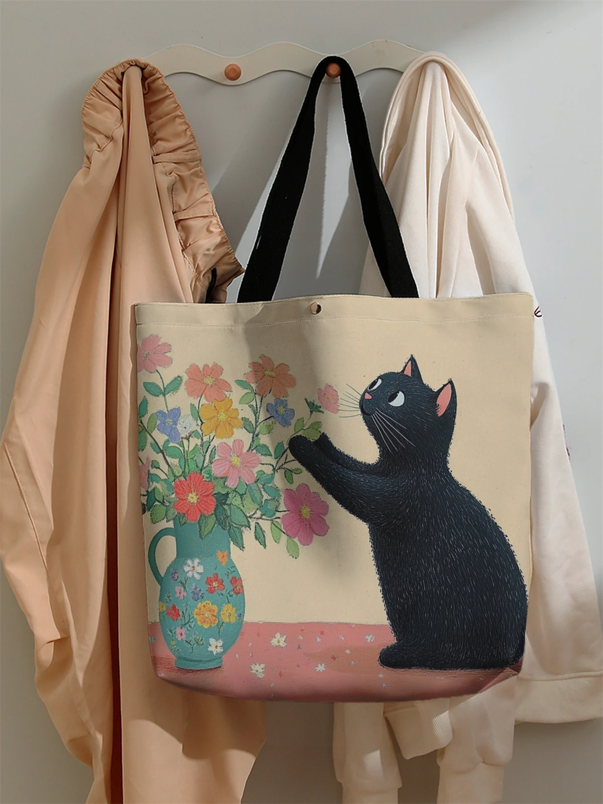 1pc， Cat and flower patterned handbag, reusable fashionable handbag, multifunctional handbag, printed canvas shopping bag