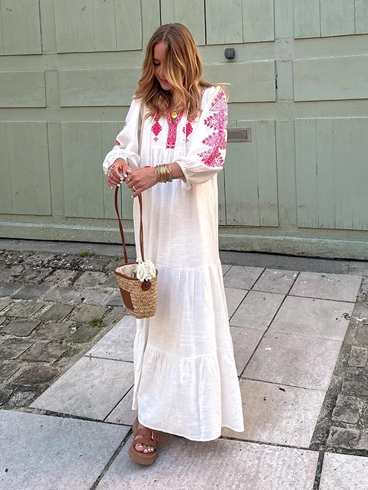 

Women Casual Embroidery Print Cotton Linen Long Dresses Female Elegant V Neck Long Sleeve Dress Lady Loose Vacation Robes 2024