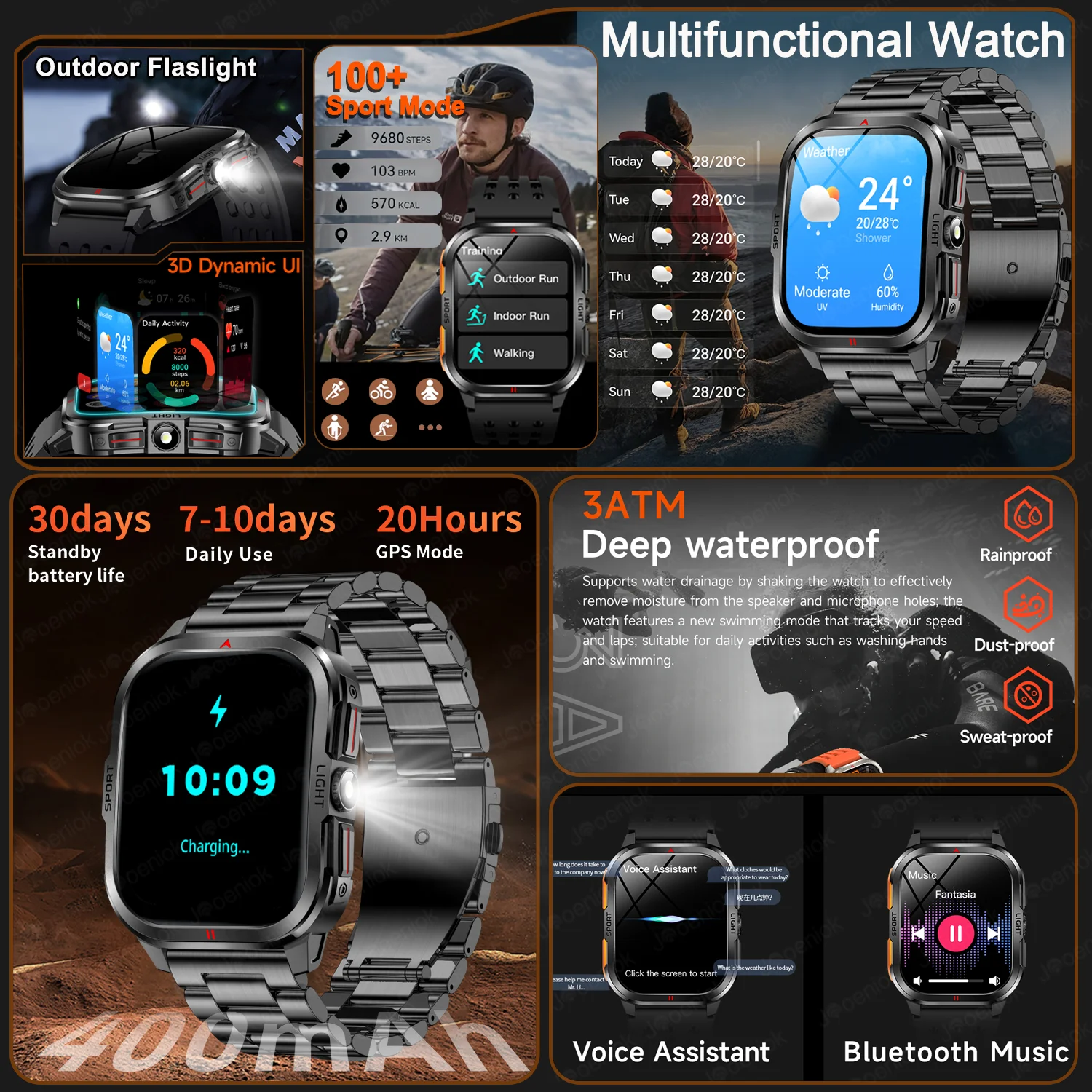 2025 New Smart Watch Men 2.01"HD Screen 3ATM Waterproof Flashlight Health Monitor 400mAh Battery Sport Bluetooth Call Smartwatch 2