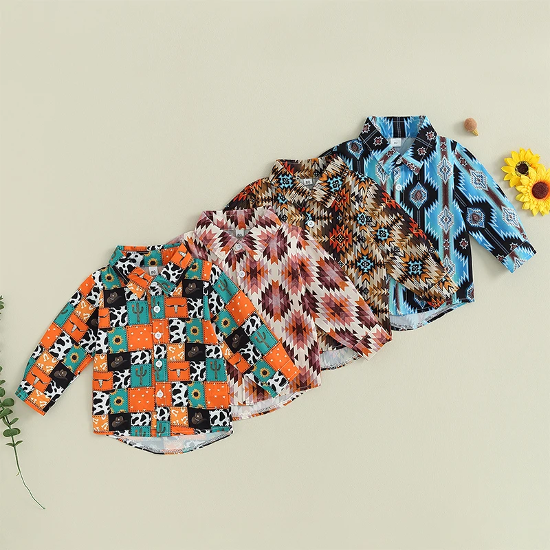 Vintage Kids Shirts Clothes Spring Autumn Blouses Clothing Infant Boys Animal Graphic Print Button Tops Kids Long Sleeves Shirts