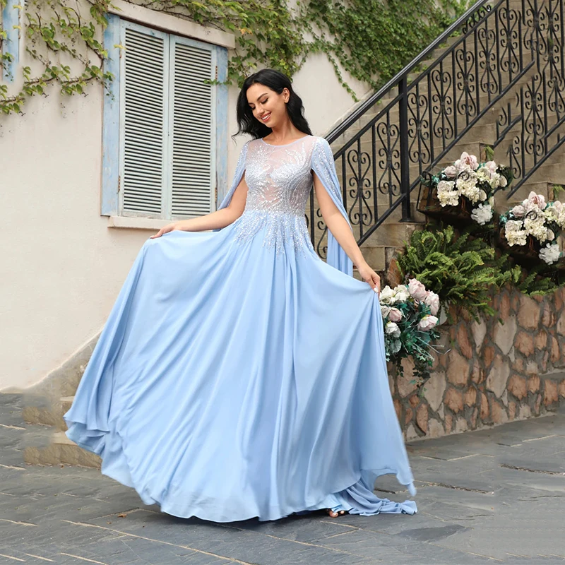 

UZN Glitter Sky Blue A-Line Evening Dresses 2023 O-Neck Chiffon Sequined Prom Dress Long Shoulder Wings Saudi Arabia Party Gowns