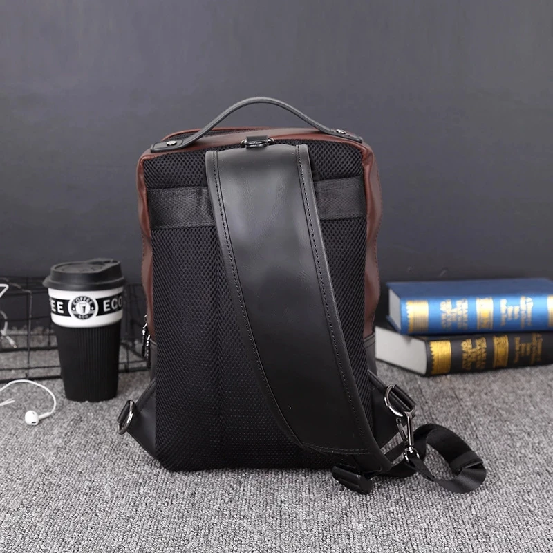 Travel High Capacity Men Chest Bags Leather Large Man Crossbody Bags Multi Pocket Vintage Solid Shoulder Male Sling Backpack