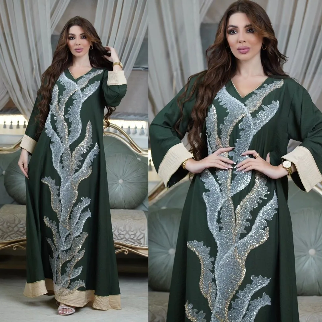 Abaya Muslim Fashion Mesh Diamonds Patchwork Full Sleeve V-Neck Belted Clothing Casual Loose Moroccan Women Long Dress