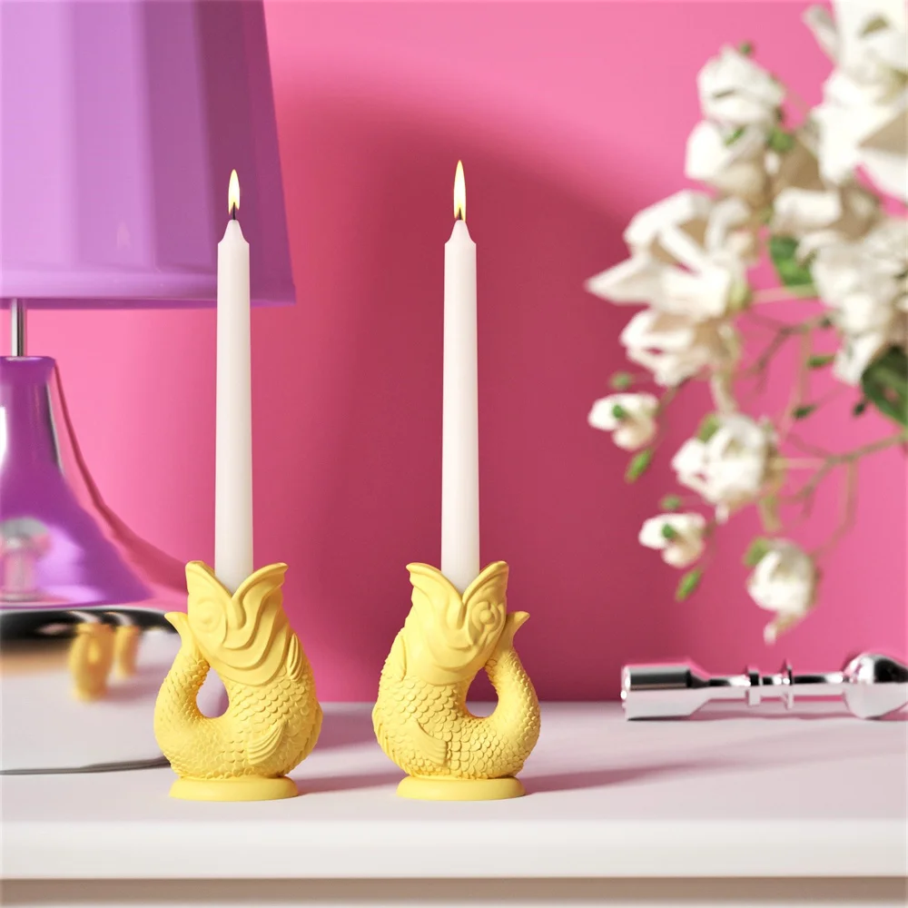 

Lucky Goldfish Taper Candle Holder Cement Mold Handmade Candlestick Holder Jesmonite Silicone Mold Concrete Casting Mould