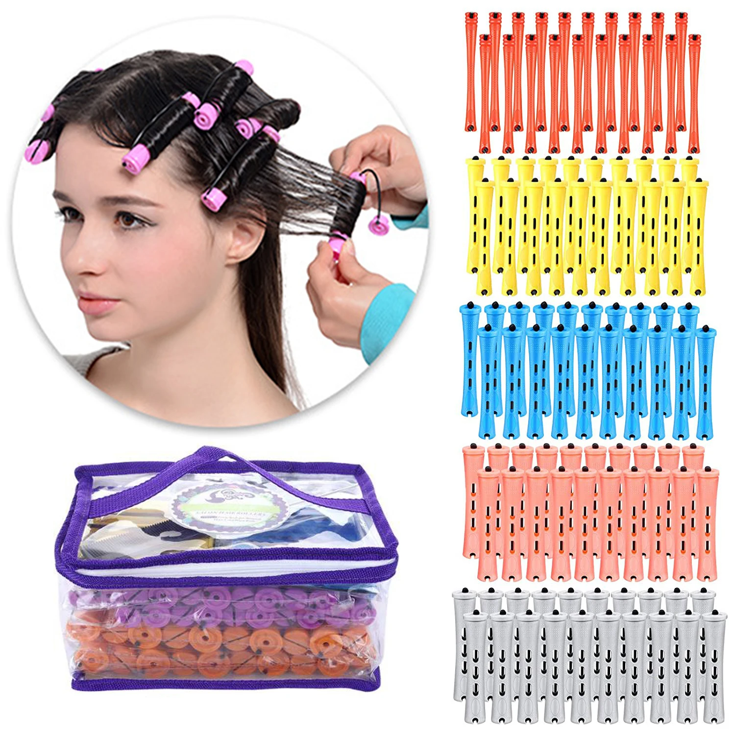 

Perm Rods and 100 Pieces 5 Sizes Hair Rollers with Hair Cold Wave Rods Hair Curler for Women Long Short Hair（With bag）