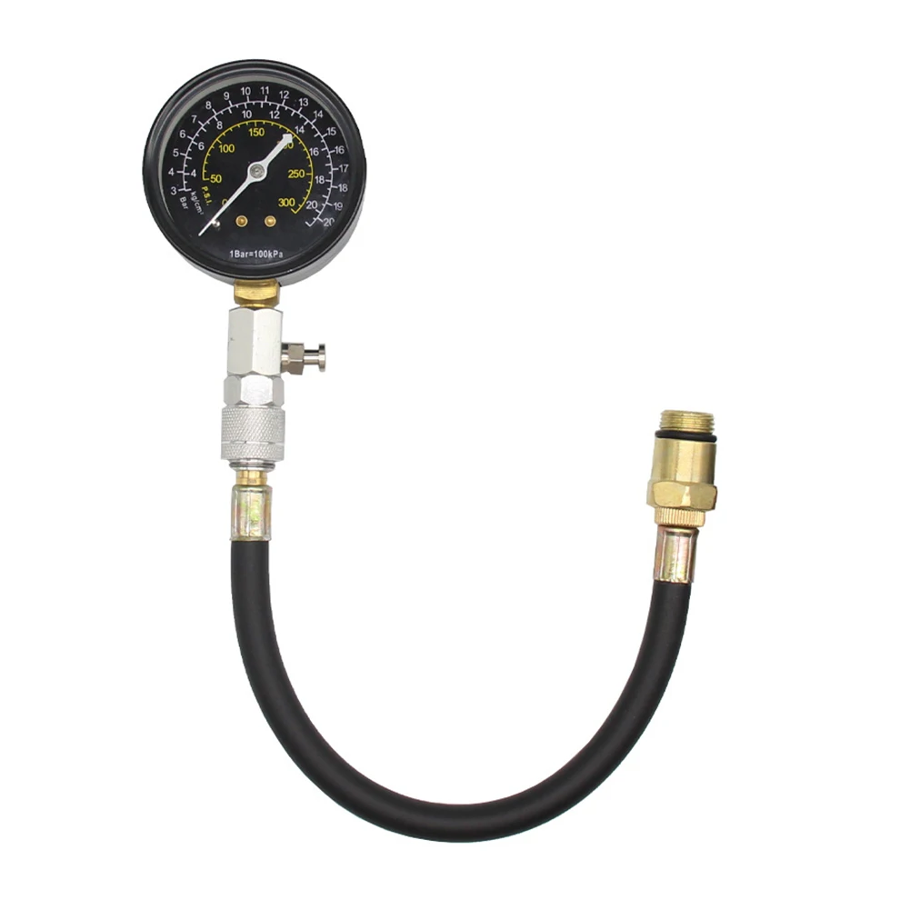 엔진 압축 테스트 키트 0300 PSI 압력 게이지(11인치 호스 및 14mm 18mm 스파크 어댑터 포함) 차량 수리용