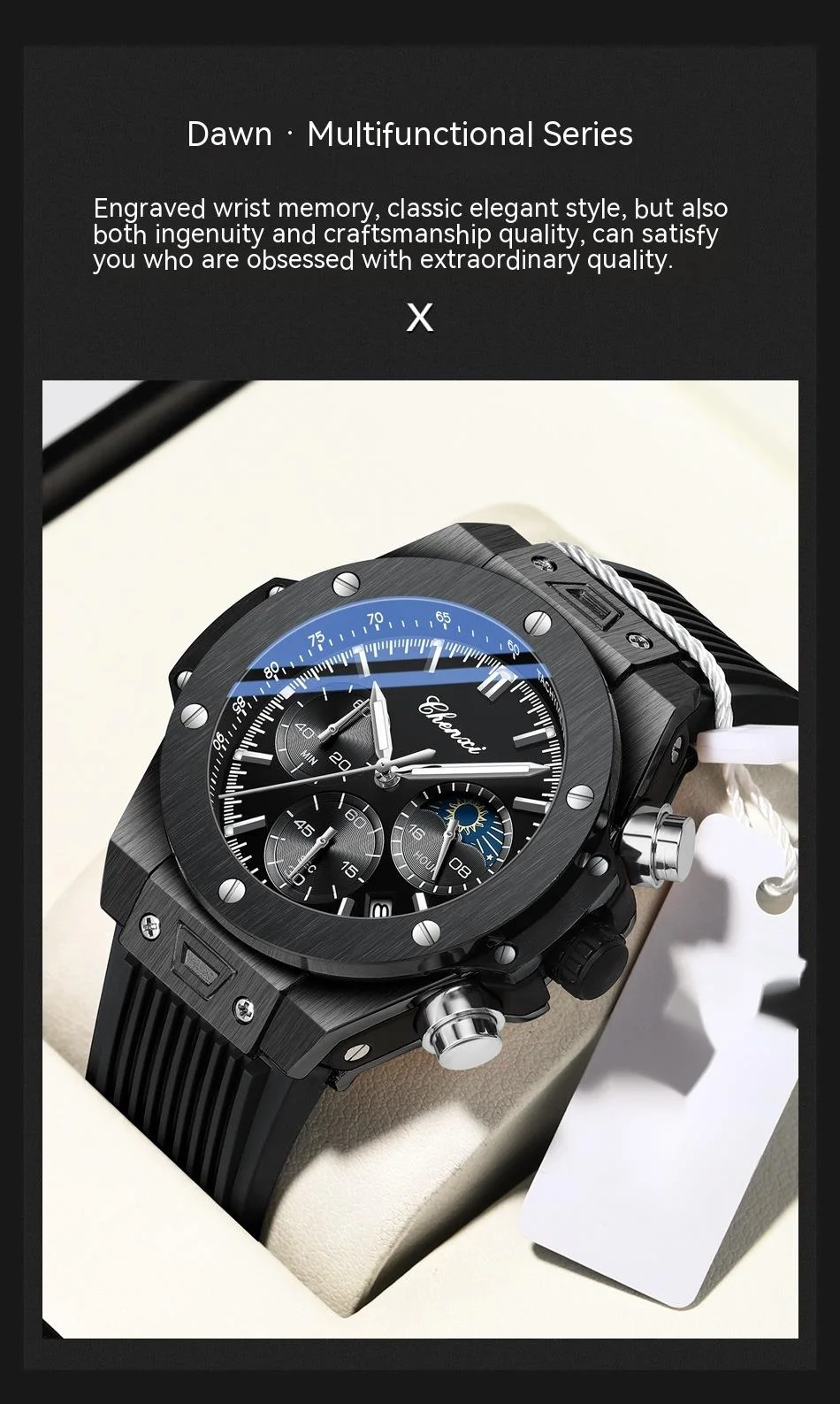 Relógio de quartzo masculino multifuncional com fase da lua_voghion.com