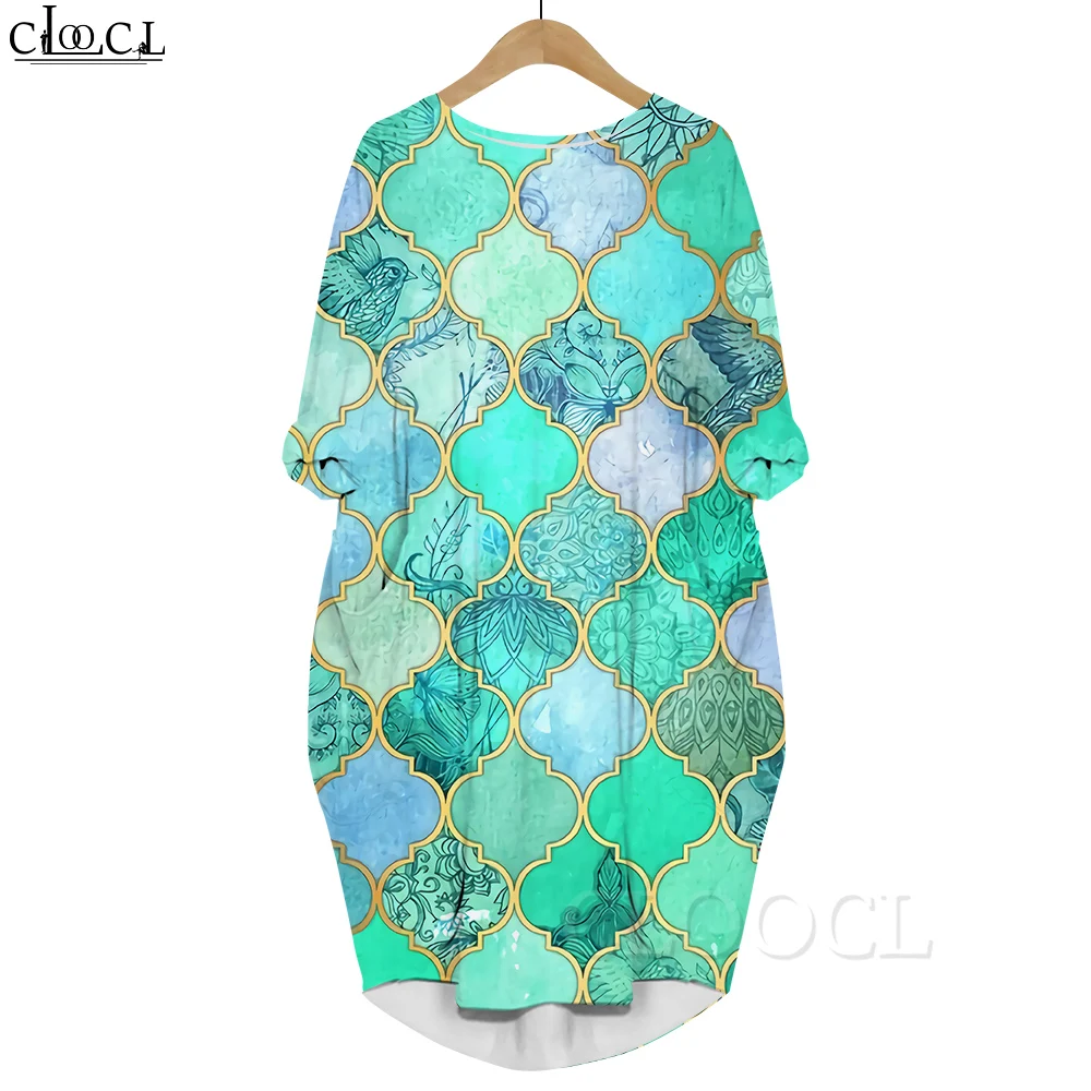 

CLOOCL Women Dress Regular Pattern 3D Graphics Printed Daughter Dresses Long Sleeve Pocket Dresses Green Knee-length Dress