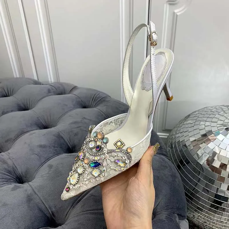 

Mesh Lace Crystal Wedding High Heels Women's Luxury Rhinestone Design Sexy Pointed Toe Stiletto Shoes Back Hollow Bling Shoes 42