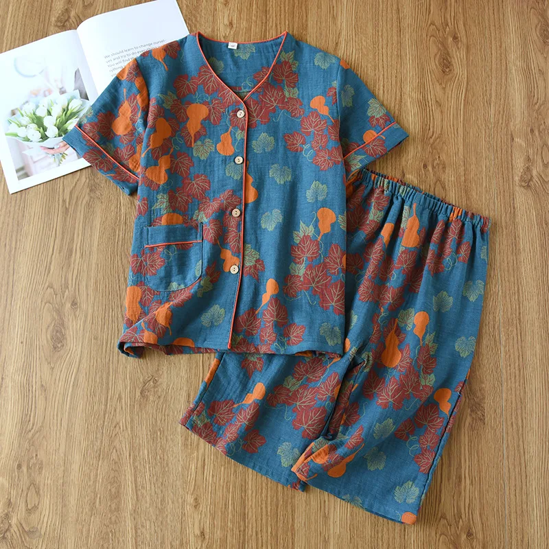 2024Japanese Spring/Summer New Women's Pajama Set 100% Cotton Crepe Short Sleeve+Capris Two Piece Ladies Thin Home Suit Cardigan